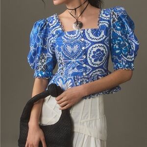Farm Rio Tile Dream Blue Motif short sleeve blouse